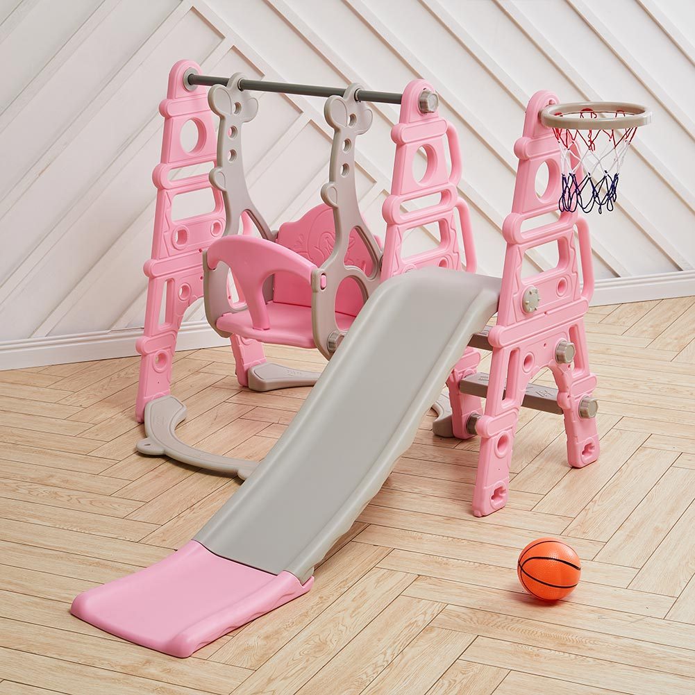 Kids Swing Slide and Basketball Hoop 3 in 1 Play Game Center Pink Bathroom Deco