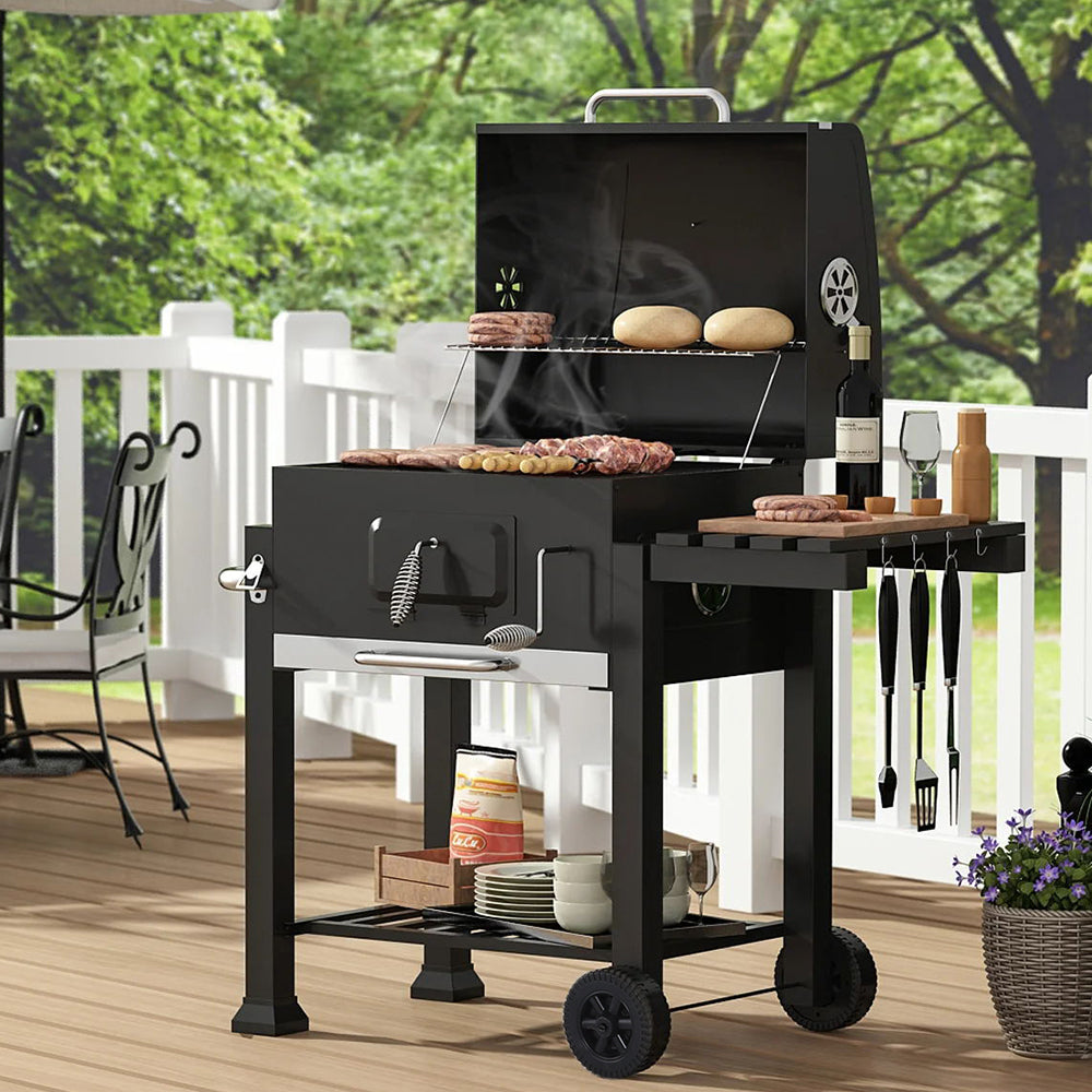 Outdoor Charcoal BBQ Grill with Portable Trolley Garden Gril