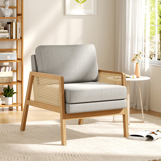 Fabric Cushioned Wood Armchair with Rattan Sides,Light Grey