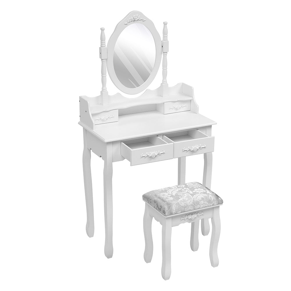 White 4 Drawers Dressing Table with Mirror and Stool Set