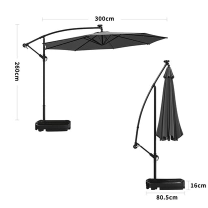 3M Large Garden Hanging LED Parasol Cantilever Sun Shade Banana Umbrella with Rectangular Base, Dark Grey
