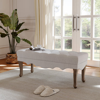 Beige Vintage Linen Bench with Rubberwood Legs