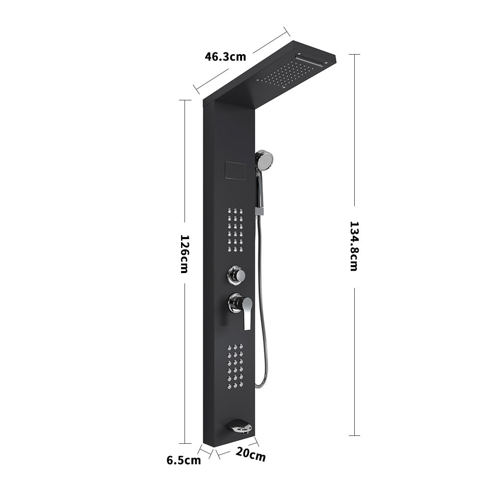 LED Temperature Display Shower Panel with 2 Body Jets Black