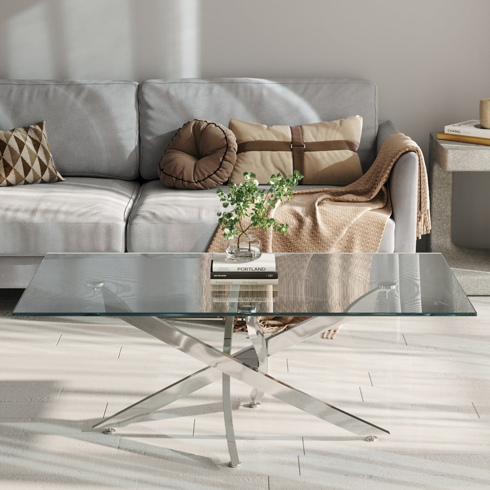 120x60CM Rectangle Tempered Glass Top Side Table with Chrome Legs