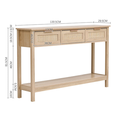 Rustic Wood Console Table with 3 Rattan Drawer