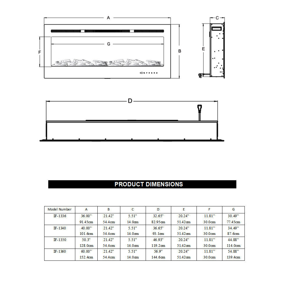 LED Electric Wall Mounted Fireplace Recessed Fire Heater 12 Flames With Remote Silver 36inch