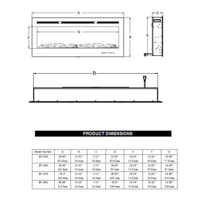 LED Electric Wall Mounted Fireplace Recessed Fire Heater 12 Flames With Remote Silver 36inch