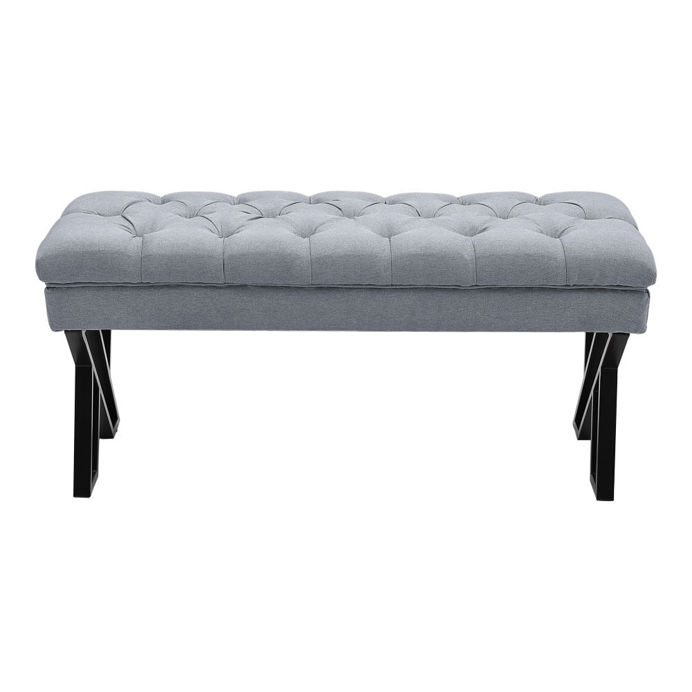 Grey Mid Century Metal Linen Upholstered Bench