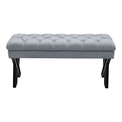 Grey Mid Century Metal Linen Upholstered Bench