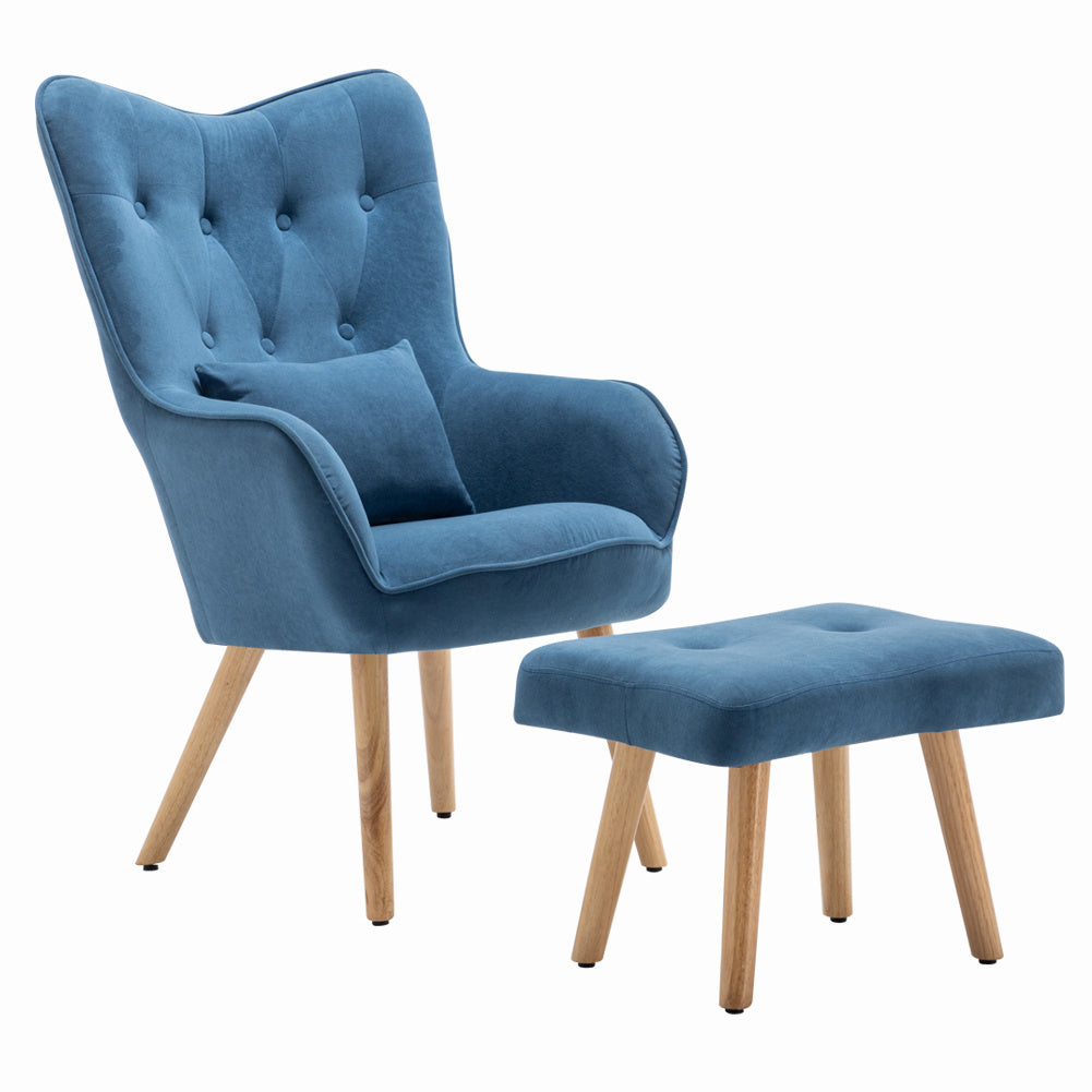 Frosted Velvet Wingback Lounge Chair with Footstool Blue