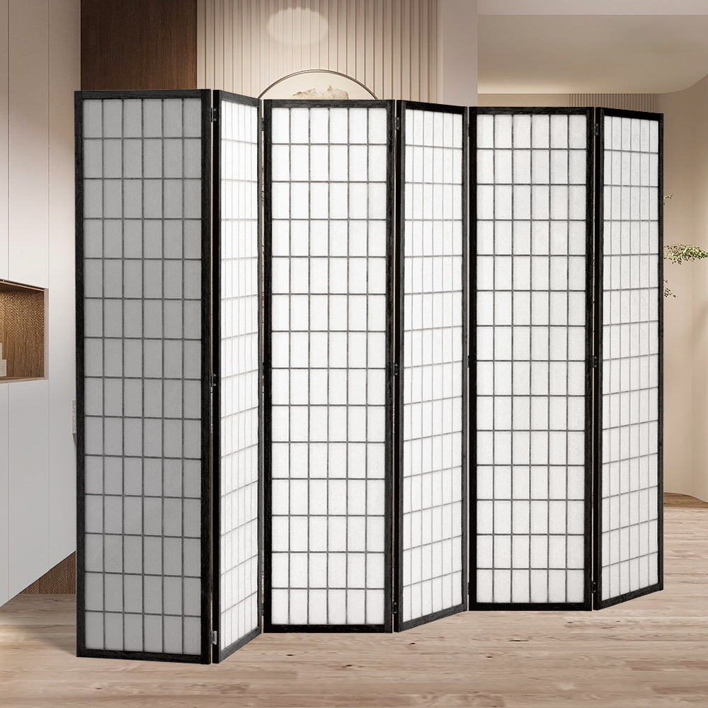 Black 6 Panel Solid Wood Folding Room Divider Privacy Screen