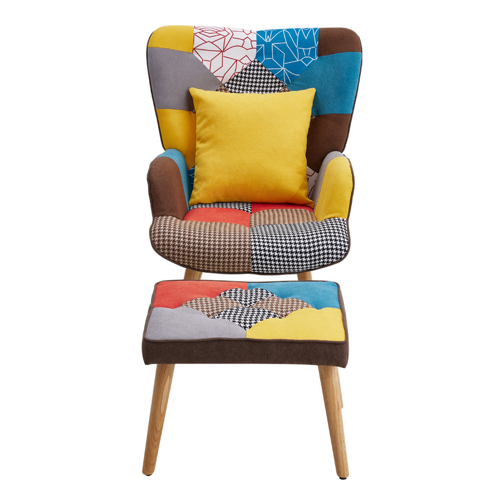 Patchwork Tufted Armchair with Cushion and Footstool