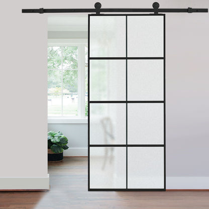 8 Frosted Glass Black Barn Door with Sliding Hardware Kit