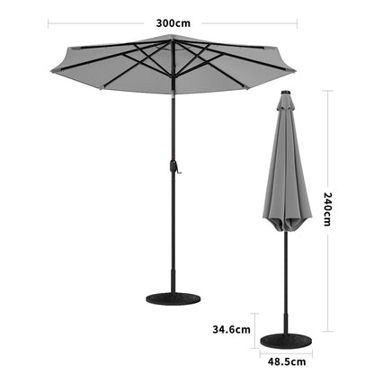 3M Large Garden LED Parasol Outdoor Beach Umbrella with Light Sun Shade Crank Tilt with 10KG Round Base, Light Grey