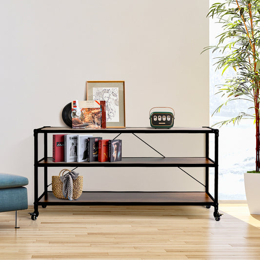 Mobile 3-Tier Wood & Metal Shelf with Lockable Wheels