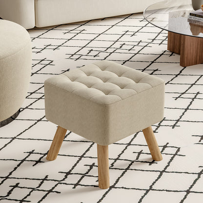 Beige Square Linen Upholstered Footstool with Wooden Legs