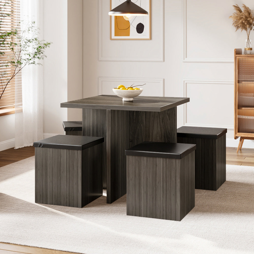 Wood Versatile Table and 4 Storage Stools Set,Grey And Black