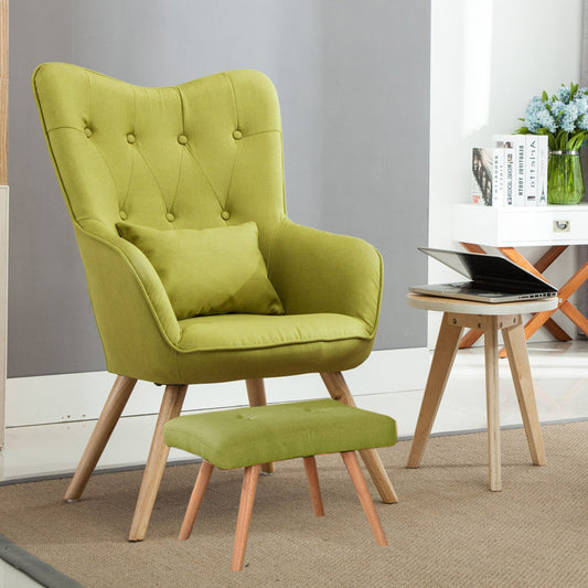 Linen Curved Buttoned Back Armchair with Footstool and Lumbar Pillow, Green
