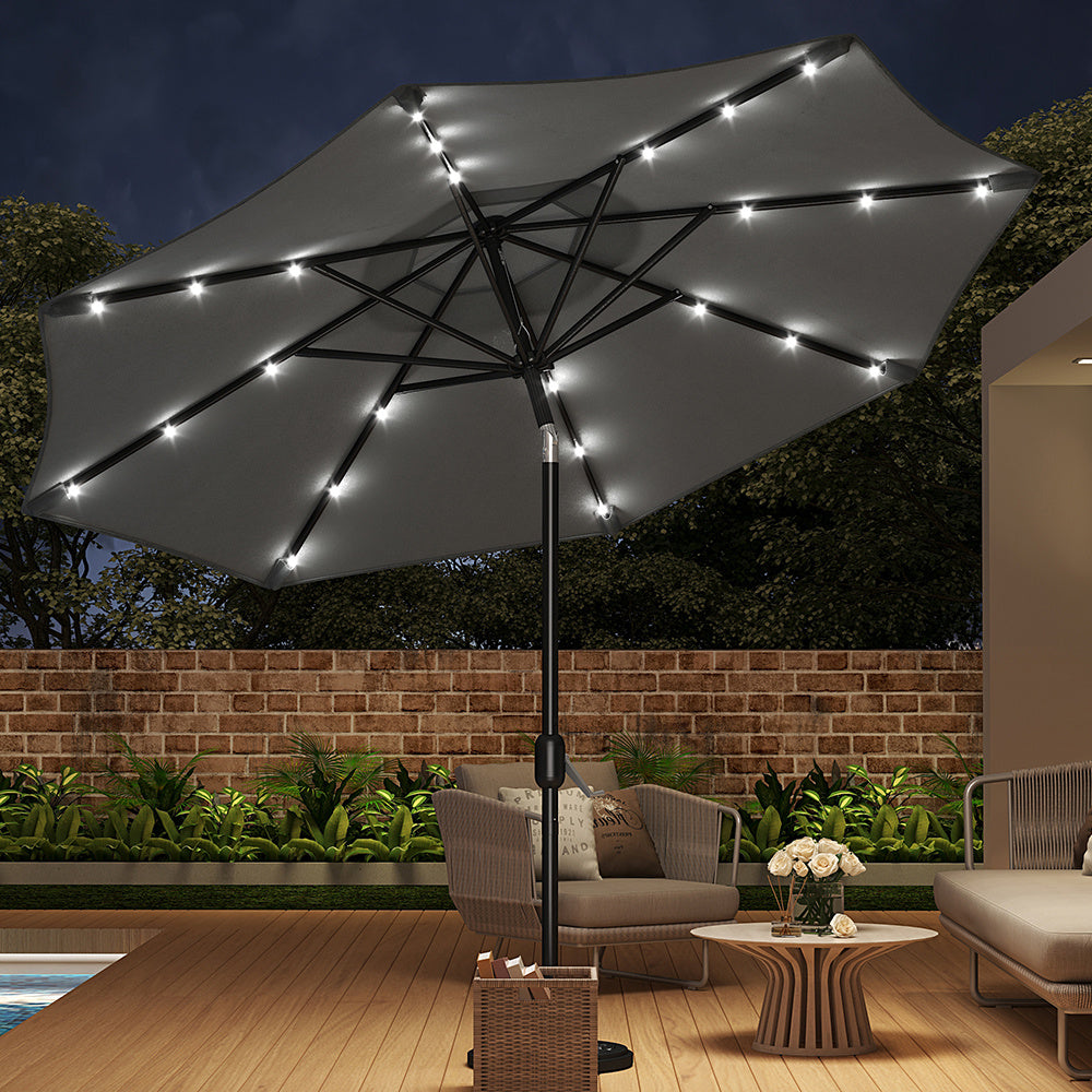 3M Large Garden LED Parasol Outdoor Beach Umbrella with Light Sun Shade Crank Tilt No Base,Dark Grey