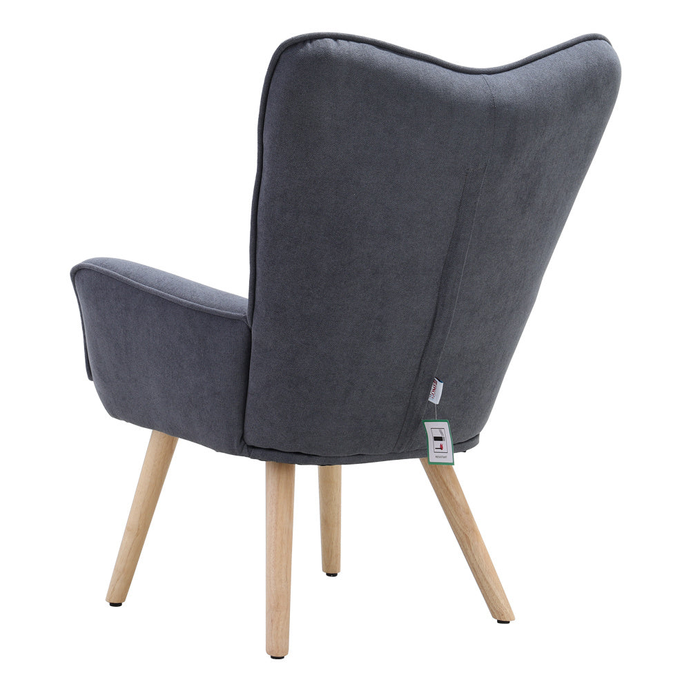 Grey Linen Buttoned Armchair with Wood Legs