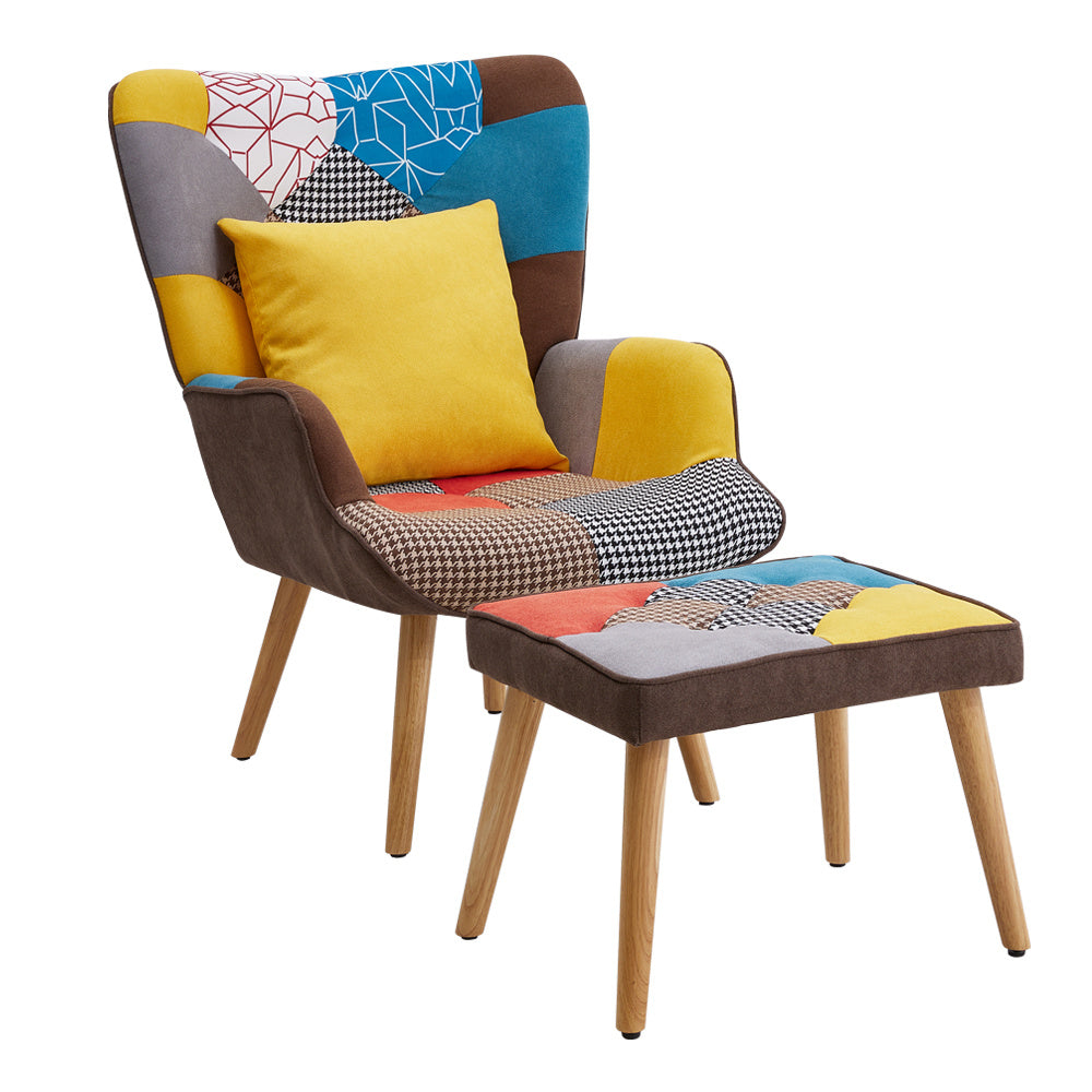 Patchwork Tufted Armchair with Cushion and Footstool