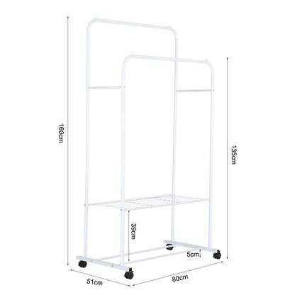 Rolling Clothes Rail Garment Rack Double Bar Clothing Shelf