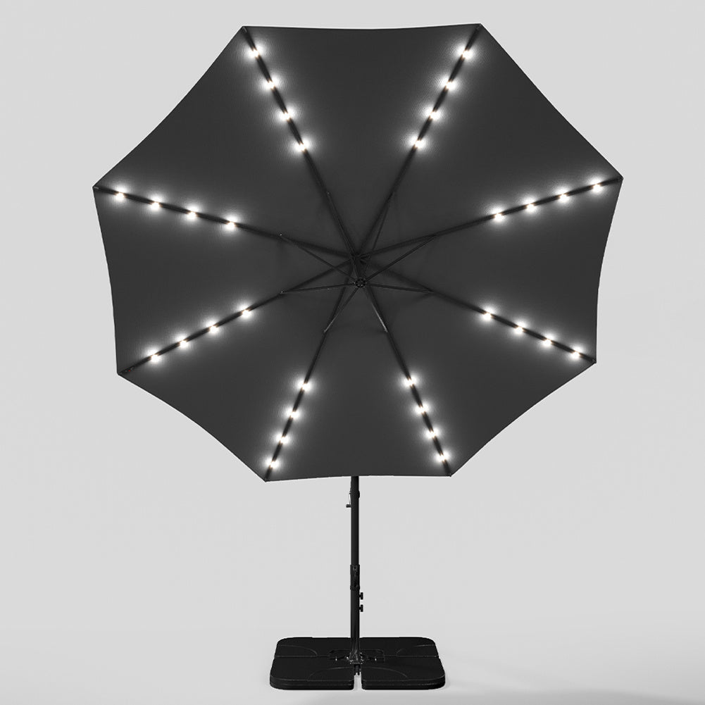 3M Large Garden Hanging LED Parasol Cantilever Sun Shade Banana Umbrella with Petal Base, Dark Grey