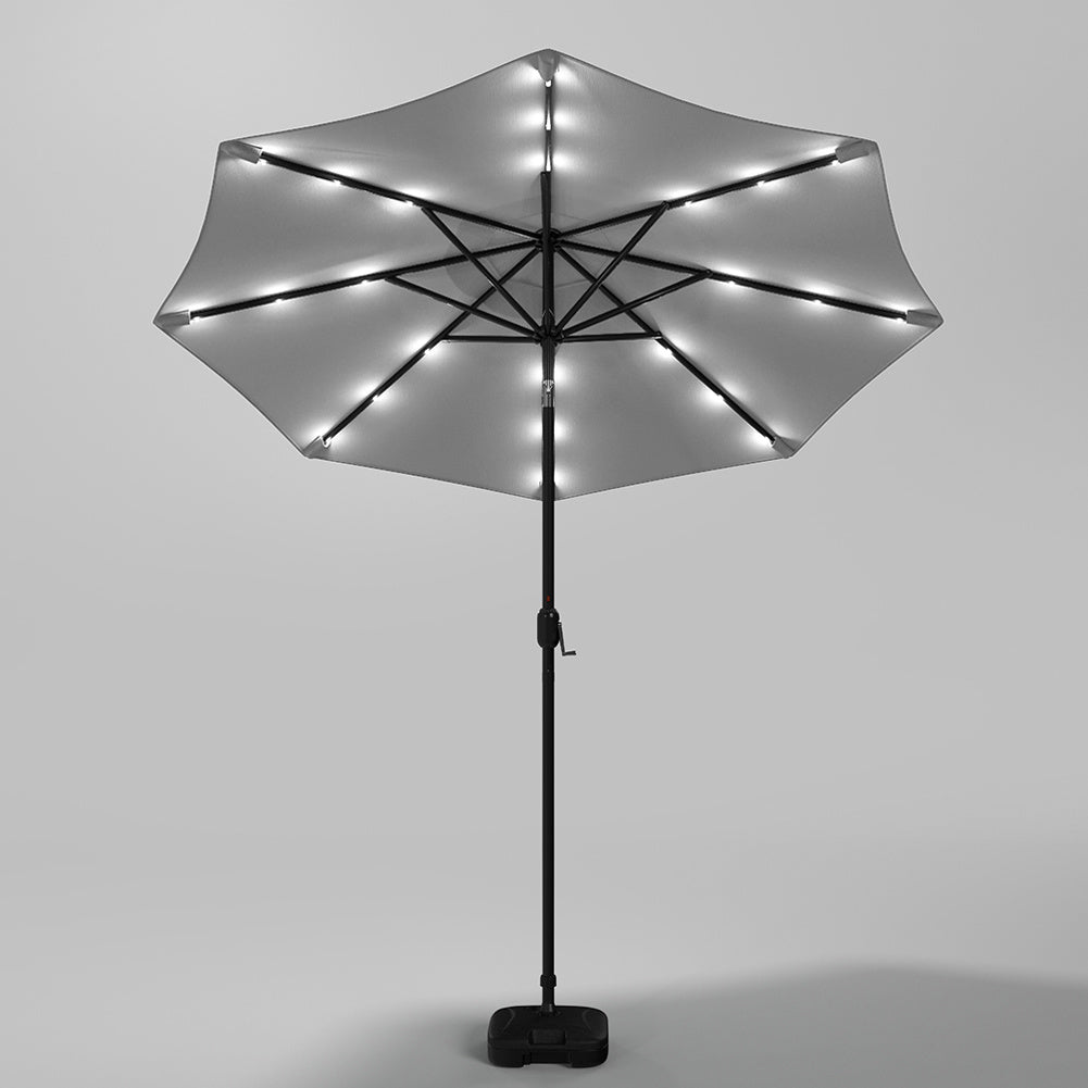 3M Large Garden LED Parasol Outdoor Beach Umbrella with Light Sun Shade Crank Tilt with Square Base, Light Grey