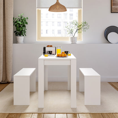 White Set of 3 Modern Dining Room Table and Benches