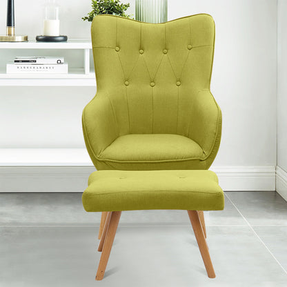 Linen Curved Buttoned Back Armchair with Footstool and Lumbar Pillow, Green