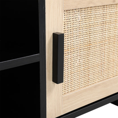 Beige Modern TV Stand Wooden Storage Cabinet with Rattan Doors