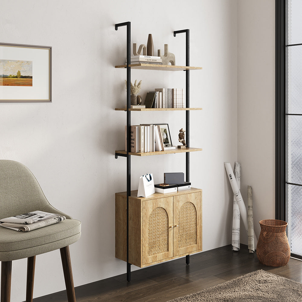 Wooden Bookshelf with Rattan Cabinet