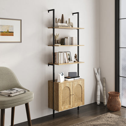 Wooden Bookshelf with Rattan Cabinet