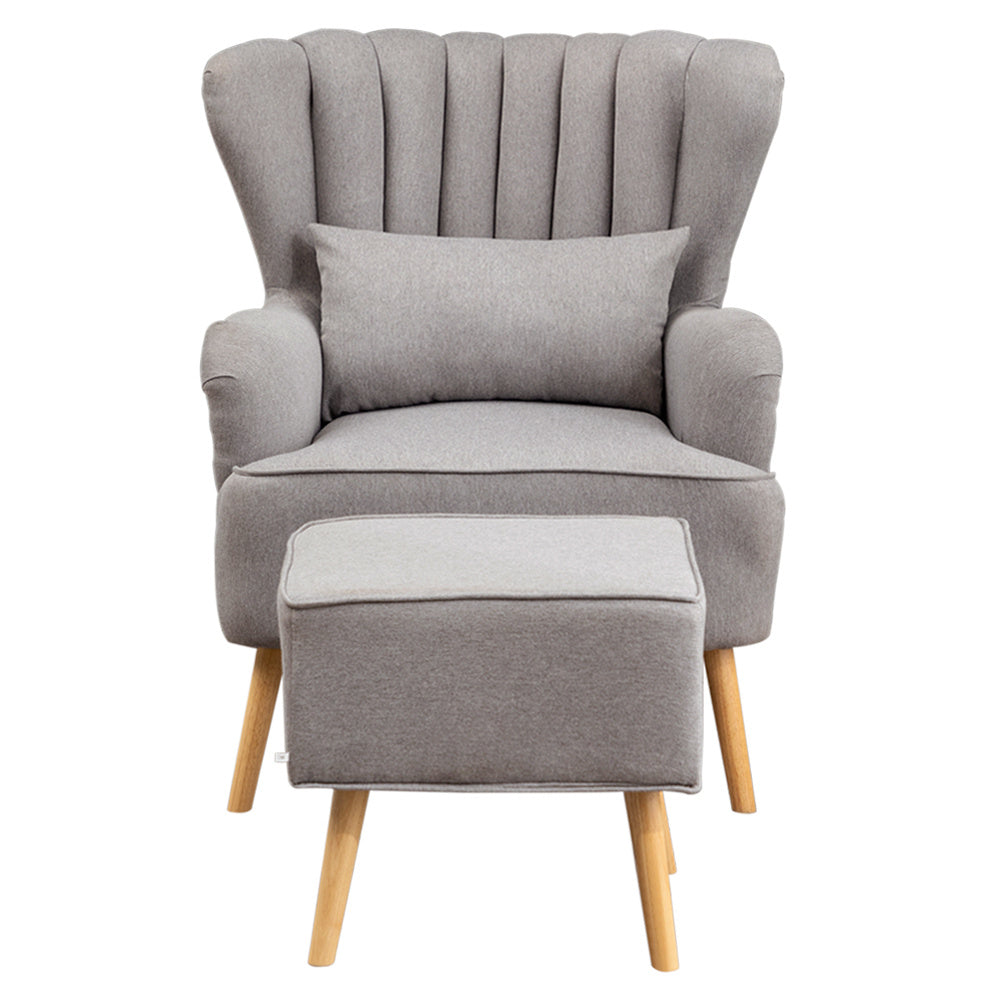 Grey Linen Armchair with Footstool and Pillow