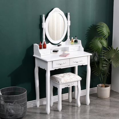 White 4 Drawers Dressing Table with Mirror and Stool Set