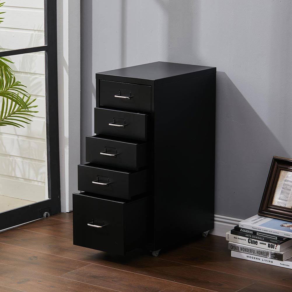 Office Rolling File Cabinet with 5 Drawers Shelf and Wheels, Black