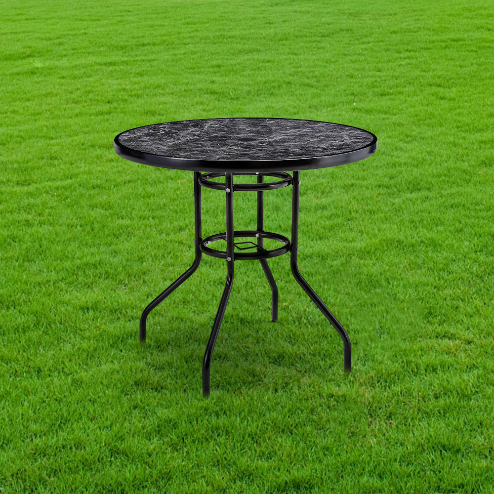 Black Round 80cm Garden Tempered Glass Marble Coffee Table