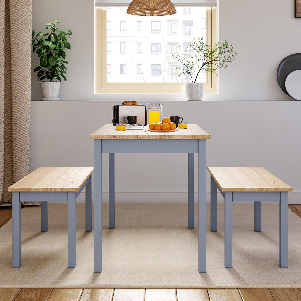 Grey Set of 3 Modern Wood Dining Table and Benches