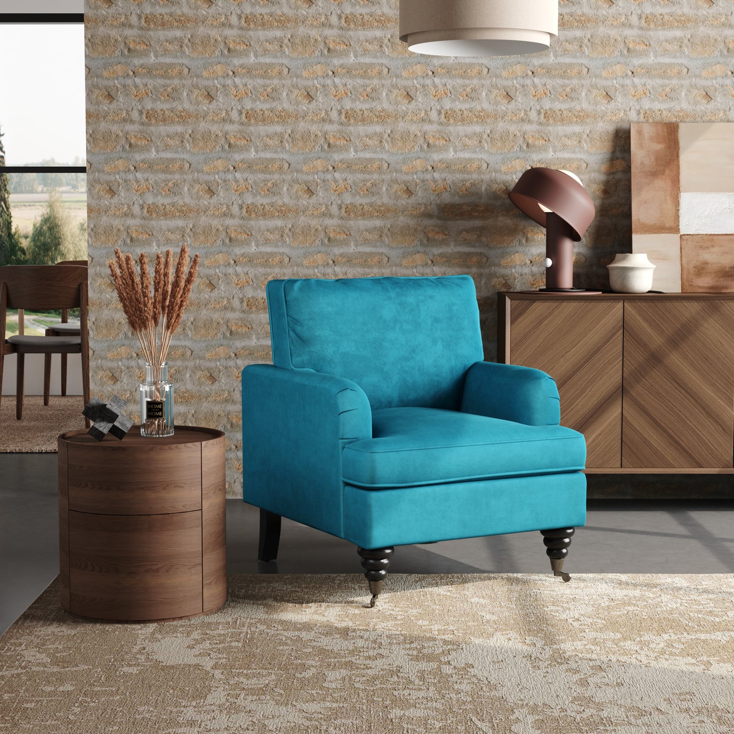 Blue Green Modern Upholstered Armchair with Wooden Legs