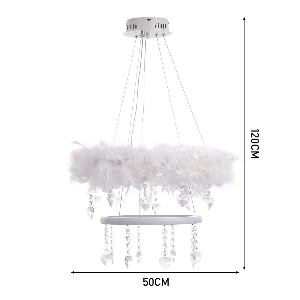 White Double Layer Feather LED Pendant Light with Crystals