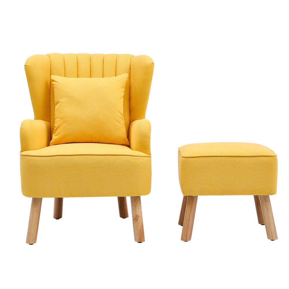 Yellow Upholstered Wingback Armchair and Footstool Set