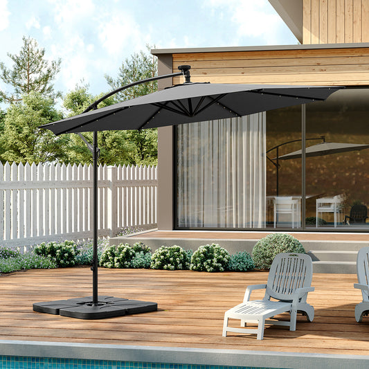 3M Large Garden Hanging LED Parasol Cantilever Sun Shade Banana Umbrella with Petal Base, Dark Grey