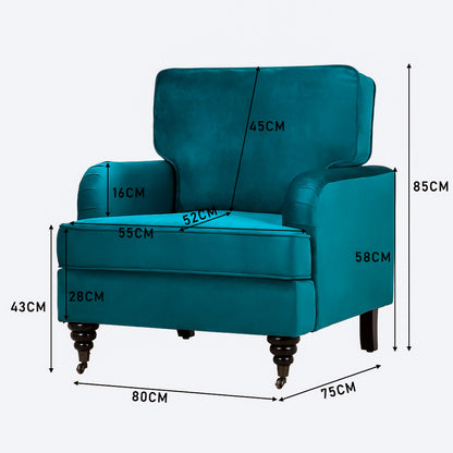 Blue Green Modern Upholstered Armchair with Wooden Legs