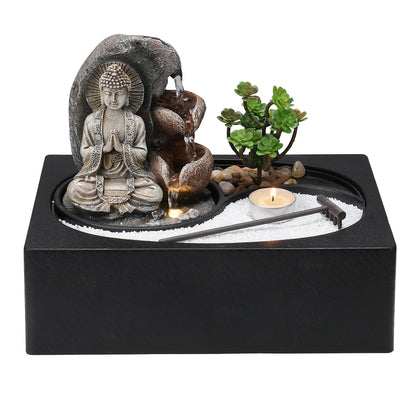 Buddha Zen Tabletop Fountain with LED Lights and Succulents