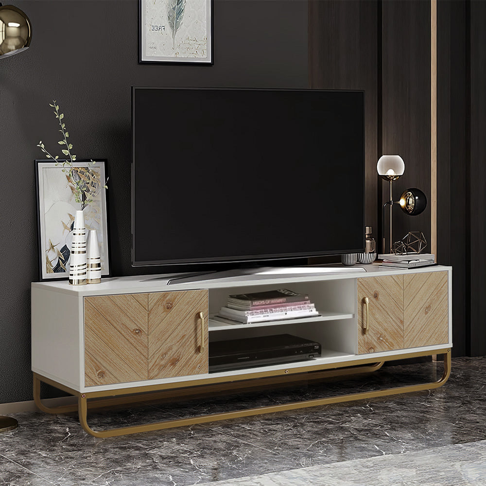 Modern Wooden TV Stand with Open Shelves and Cabinets