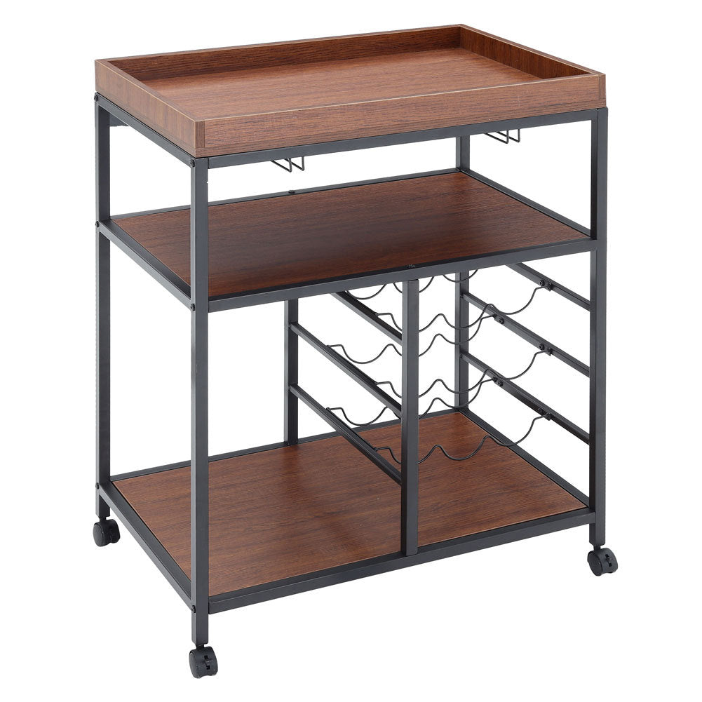 3 Tier Kitchen Trolley with Tea Tray Wood Storage Shelf and Wine Rack Brown