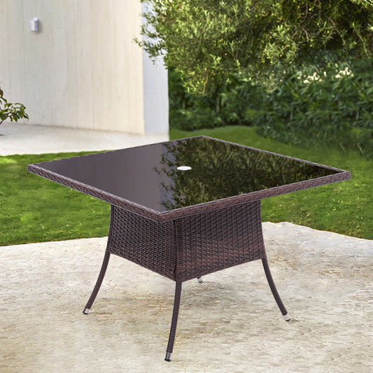 105CM Patio Garden Square Rattan Glass Table With Umbrella Hole Brown