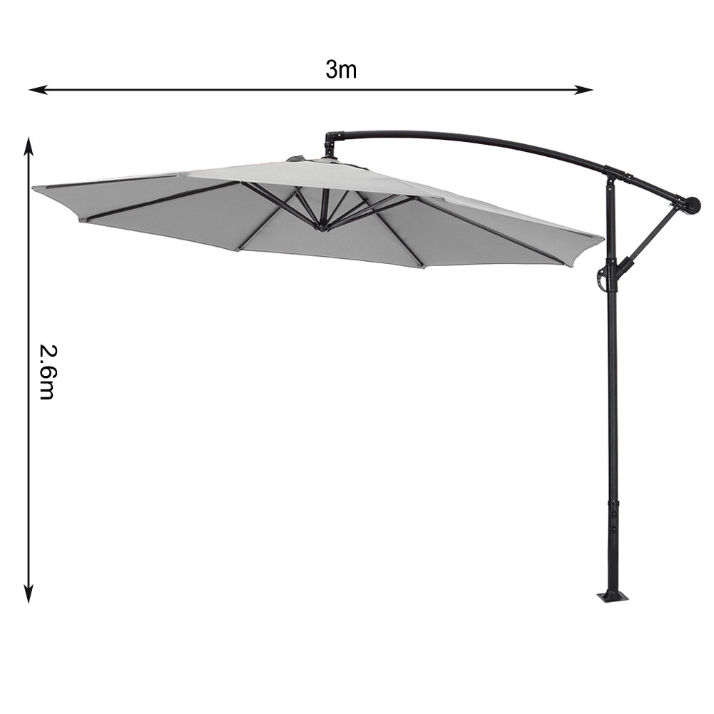 Garden 3M Light Grey Banana Parasol Cantilever Hanging Sun Shade Umbrella Shelter with Square Base
