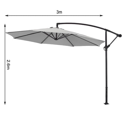 Garden 3M Light Grey Banana Parasol Cantilever Hanging Sun Shade Umbrella Shelter with Square Base