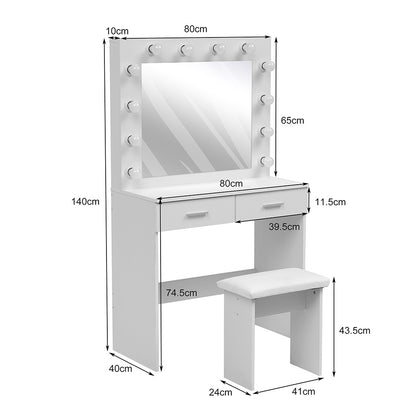 White Hollywood Dressing Table Set with Large Lighted Mirror